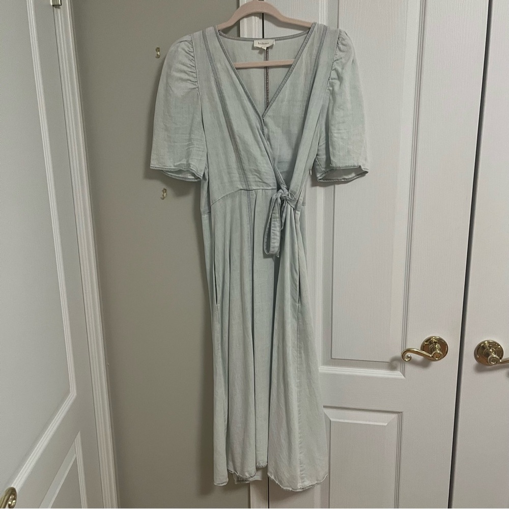 Bohme | Denim Wrap Midi Dress, Light Blue Wash, Short Sleeves | Size Large